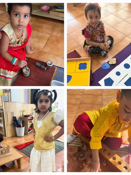 A collage of children in traditional attire for Independence Day, celebrating the diversity of India while engaged in their Montessori work.