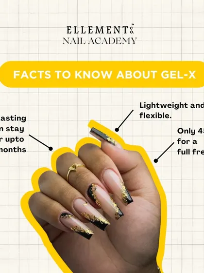 Some quick facts to know about Gel-X. These extensions are long-lasting, lightweight, flexible, and can be applied in just 45 minutes for a full fresh set.