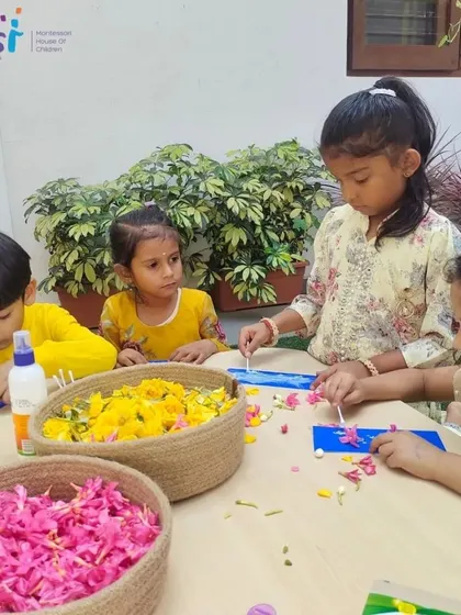 Children choose from baskets of colorful flower petals for their Vasant Panchami craft. This activity is a feast for the senses.