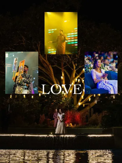 A collage from a Sangeet night, showing the couple's proposal on stage, the groom's performance, and friends celebrating together. A night filled with love and entertainment.