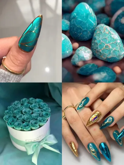Moody monsoon vibes. This collage showcases deep teal and gold chrome nails, inspired by the dramatic colors of a stormy sky.