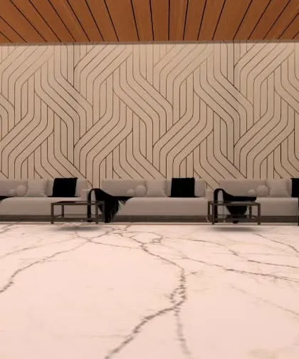 An interior view of the proposed waiting lounge in Gorakhpur. The design uses modern sofas, marble flooring, and a wood-paneled ceiling to create a luxurious feel.