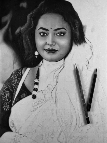 A progress shot showing the face complete while the rest of the portrait is still in its outline stage.