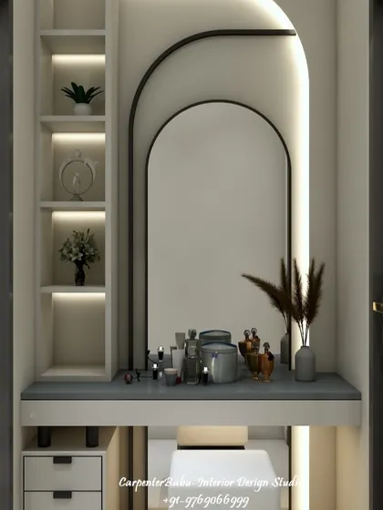This bedroom includes a compact and elegant dressing table, featuring an arched mirror and backlit shelves. It's a perfect example of creating a functional corner in a small space.