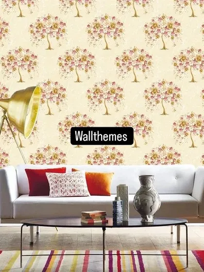 A stylized floral tree wallpaper in a living room setting, creating a playful yet elegant feature wall.