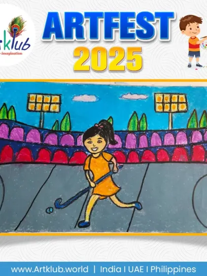 A field hockey player in action, skillfully drawn by a junior artist.