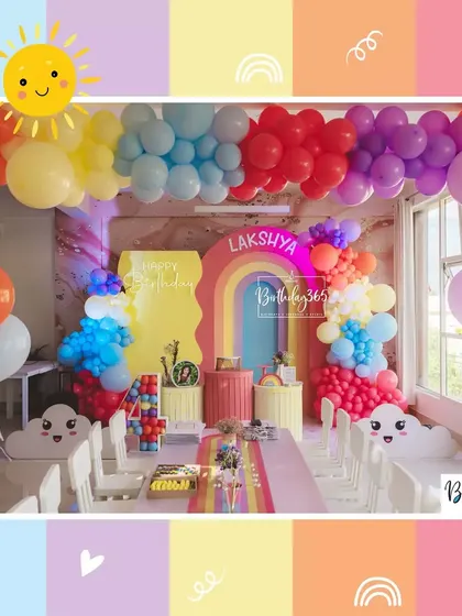 A duplicate of image 67, showing the vibrant rainbow-themed party room.