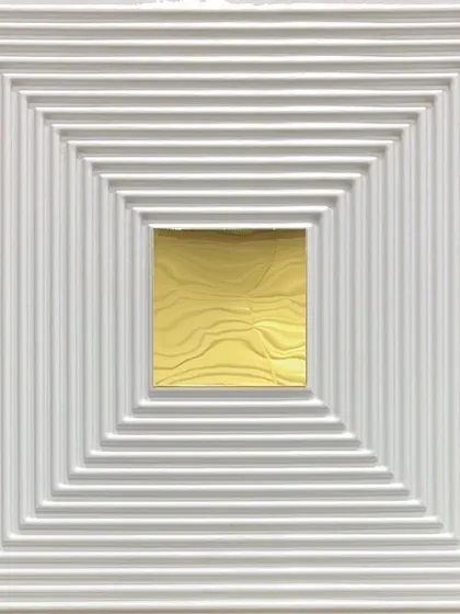 A white 20x20 inch PVC panel with grooved concentric squares and a central gold mirror. This design adds both texture and a touch of metallic shine.