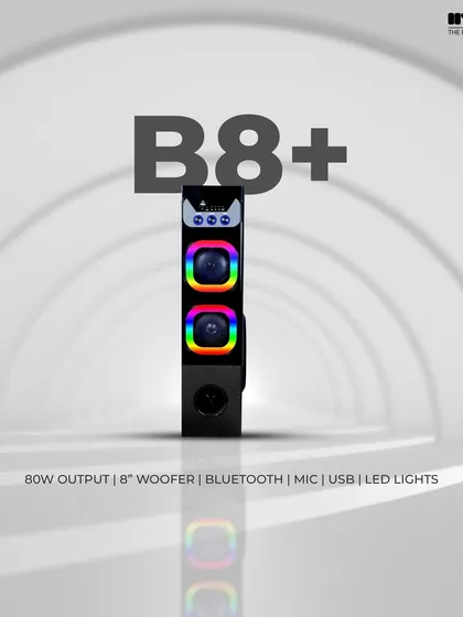 The B8+ model is a compact beast with massive sound. It features dual RGB LED woofers, thunderous bass, and a stylish design perfect for house parties or your gaming setup.
