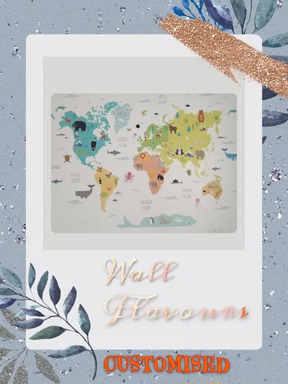 A world map is a fantastic and educational choice for a kid's room wall. This design features colorful continents and animals, making learning about geography fun.
