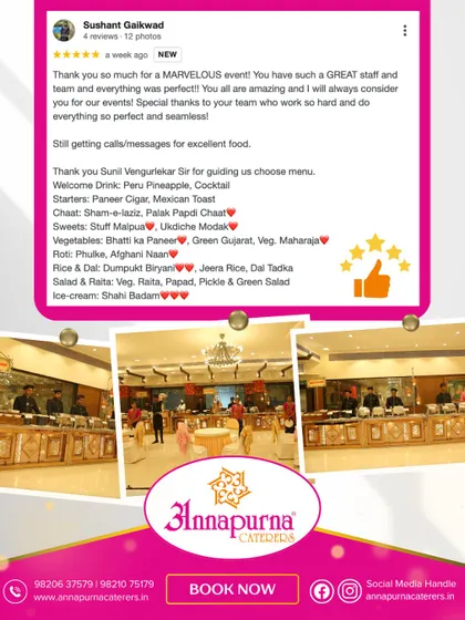 Nothing makes us happier than a satisfied client. This review highlights a guest's experience, praising our staff and the seamless event execution. The detailed menu, from Paneer Cigars to Shahi Badam ice-cream, shows the variety we offer.