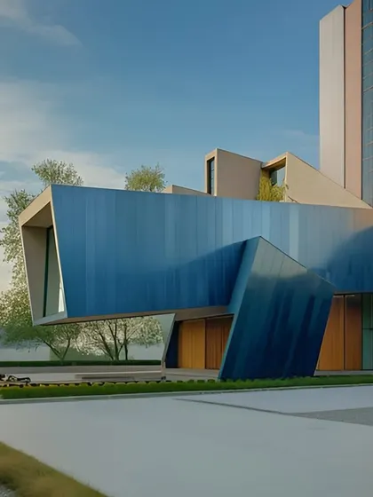 A street-level view of the blue metal clubhouse concept.