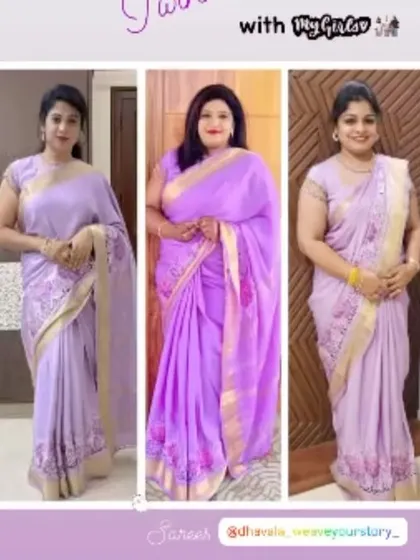 A collage of three best friends all looking beautiful in their matching lilac Dhavala sarees.