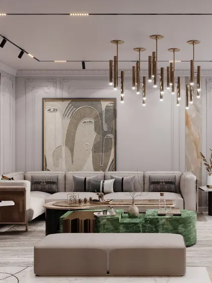 A render of a neo-classical living area in Punjabi Bagh, blending timeless classic walls with sleek modern furniture. The space features a dramatic chandelier, abstract art, and pops of green for a sophisticated atmosphere.