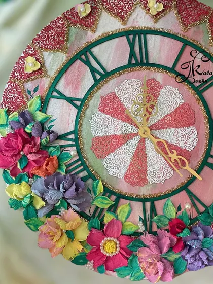 Another detail shot of the 16-inch pink clock, highlighting the intricate textures and colors.
