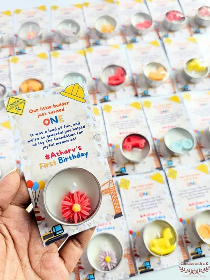 A close-up of the custom thank you card and a flower-topped tealight from the construction-themed birthday order.