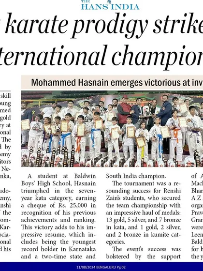 "Young karate prodigy strikes gold at international championship." The Hans India covering my son Mohammed Hasnain's victory at an invitational event featuring competitors from six nations.