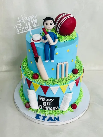 Another view of the detailed two-tier cricket cake.