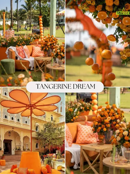 A "Tangerine Dream" Haldi mood board. This fresh and zesty theme uses vibrant orange hues, with real oranges and marigolds creating a unique and cheerful atmosphere.
