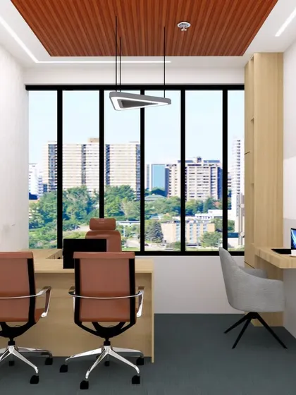 Another view of the 3D office cabin design, highlighting the space from the entrance. This view shows the executive chair placement and the clear view of the city, creating a powerful and inspiring workspace for leadership.