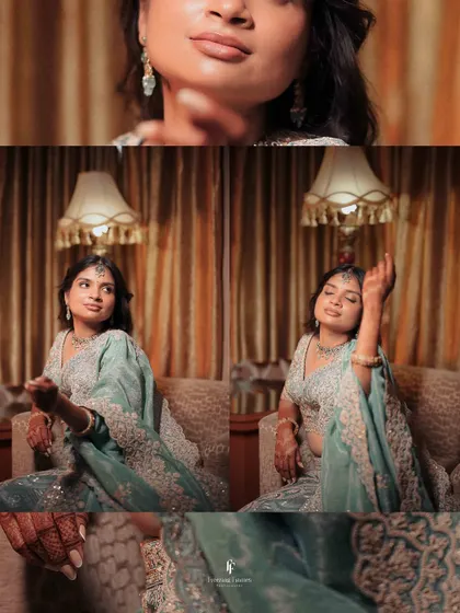 A collage of the bride in her beautiful light blue engagement lehenga. These shots capture her elegance and poise, from close-up details to relaxed poses.