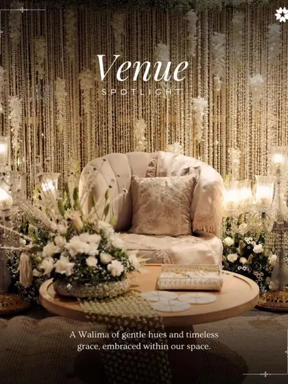 The stage for a Walima, designed with gentle hues and timeless grace. The plush seating and surrounding floral arrangements create a focal point that is both regal and inviting for the celebrated couple.