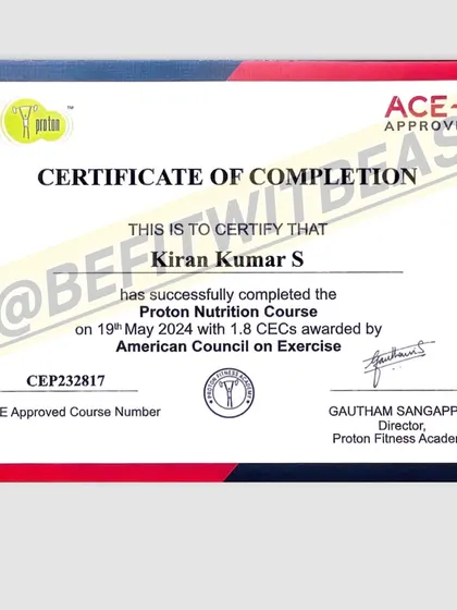 A close-up of my Proton Nutrition Course certificate. This knowledge allows me to provide better guidance on how to fuel your body for your goals.