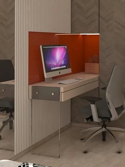 A render of a compact study desk built into a wardrobe unit in a master bedroom. The design features an accent color and dedicated lighting, creating a defined and functional workspace within the bedroom.