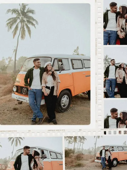 A collage of photos from the vintage van adventure, showcasing the couple's journey and connection.