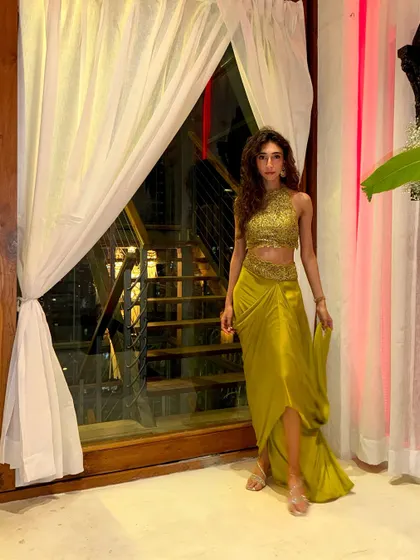 A full-length view of my festive look, showing how the outfit moves. Perfect for a night of performing and dancing.