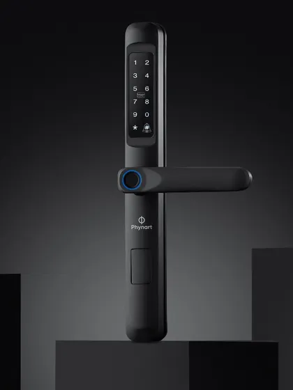 This composition for the Phynart smart lock uses dark blocks to create a pedestal, making the product look important and robust. The lighting is focused on highlighting the form and the glowing blue accents.