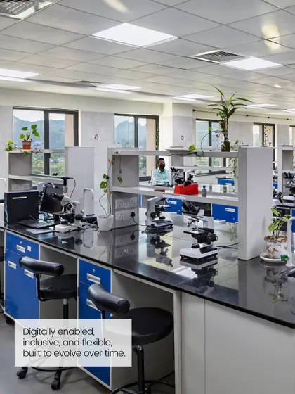 This digitally-enabled research laboratory is designed to be flexible, inclusive, and evolve over time. The space supports the critical work of medical researchers with an organized layout, ample light, and integrated technology.
