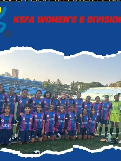 Our KSFA Women's B-Division team posing in front of the iconic Bangalore Football Stadium.