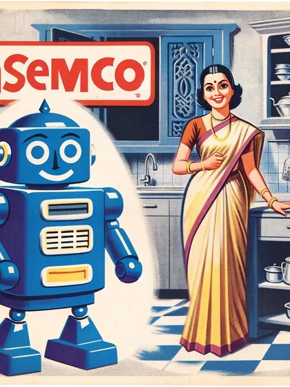 An INSEMCO ad showing a woman with her new robot helper in the kitchen. The series mimics the art style of vintage Indian comics and advertisements.
