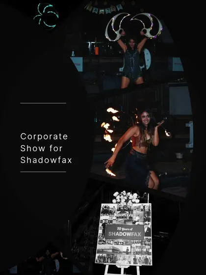 A collage from the Shadowfax corporate show, showcasing both the fire and LED elements of our performance. We offer versatile packages for corporate clients.