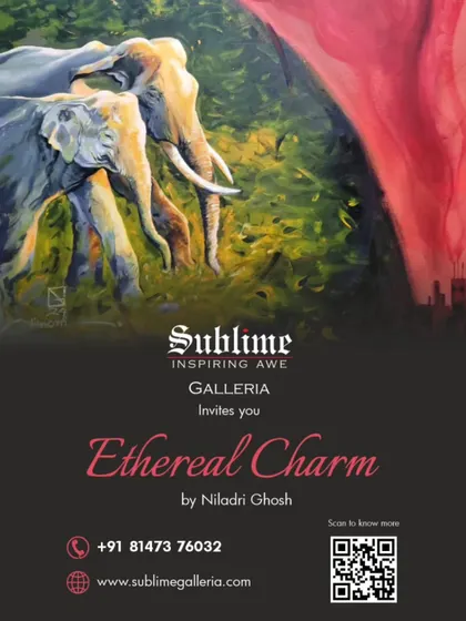 The invitation for 'Ethereal Charm' by Niladri Ghosh, featuring a majestic painting of two elephants in a lush jungle.