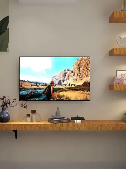 A duplicate of ID 197, showing the minimalist TV and display shelf arrangement.