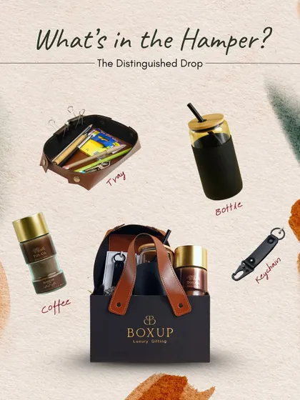 What's in the hamper? A look inside "The Distinguished Drop," which includes a leather tray, a glass bottle, premium coffee, and a keychain, all packed in a stylish gift bag.