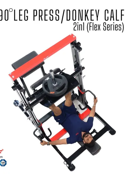 An overhead view of the 90-degree leg press, showing the user's form and the machine's smooth, vertical path.