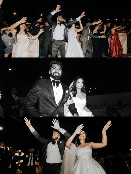 A collage of black and white images from the dance floor, showing the couple and guests enjoying the party.