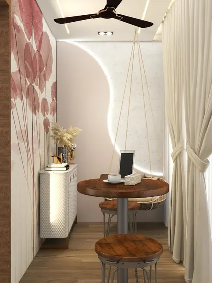 A visualization of a small, stylish nook with a high table and bar stools, set against a wall with artistic wallpaper and unique curved lighting.