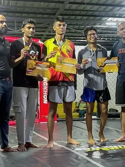 Our fighter, Chandan, receiving his gold medal at the Golden Mongkhon Muay Thai Tournament in Chennai.