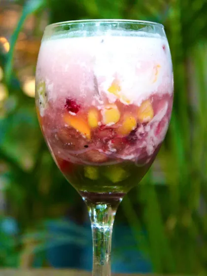 A close-up of the Ice Kachang, showing the wonderful mix of colors and textures from the fresh fruits and coconut mylk.