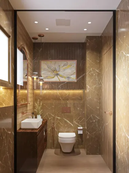 Even a bathroom can be a luxurious escape. We used rich brown marble, ambient backlighting, and a beautiful floral art piece to turn this powder room into a small, elegant sanctuary.