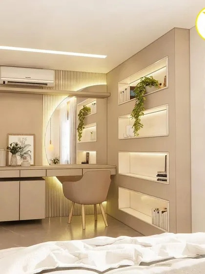 A bedroom featuring a unique curved dressing table and backlit display niches built into the wall.