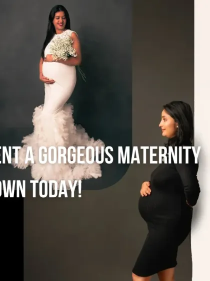 A video encouraging you to rent a gorgeous maternity gown, featuring a white mermaid dress and a classic black fitted style.