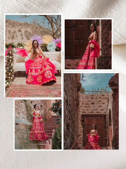 A collection of stunning solo portraits of the bride Leesha in her bright pink Haldi lehenga, set against the rustic, beautiful architecture of the venue.