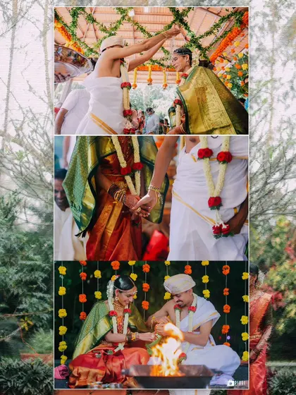 A collage showcasing key rituals like the saptapadi (seven steps) around the sacred fire and holding hands.