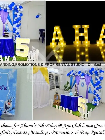 A simple and sweet Frozen theme for a 5th birthday at an apartment clubhouse. The decor includes a blue curtain backdrop, a balloon arch, a light-up number "5," and a themed cake, creating a magical celebration for the birthday girl.