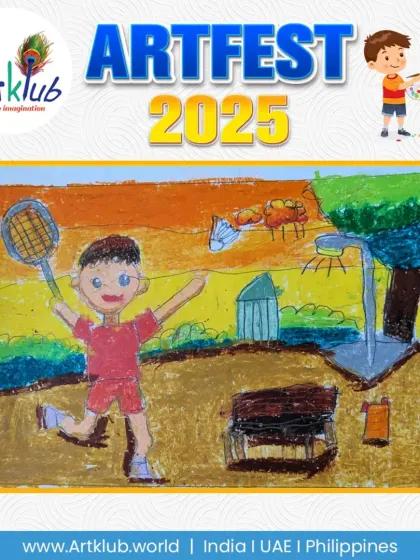 A junior artist's impression of a badminton game at dusk. The use of warm and cool colours creates a beautiful contrast in this outdoor scene.